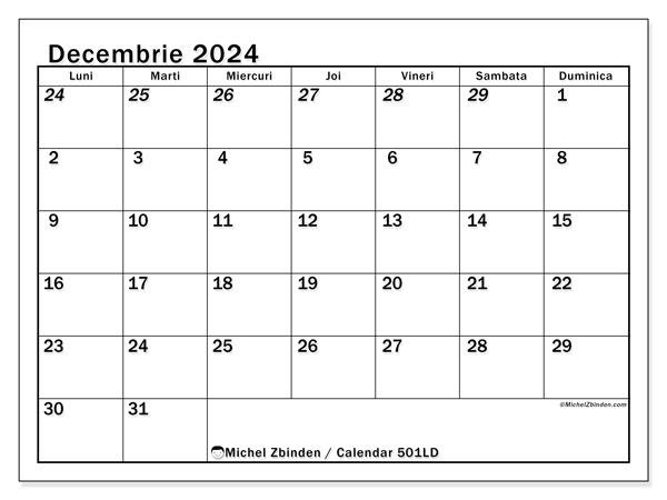 Calendar decembrie 2024 “501”. Plan pentru imprimare gratuit.. Luni până duminică