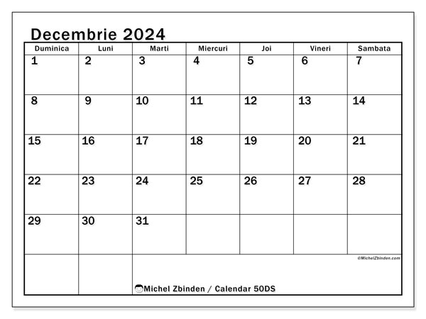 Calendar decembrie 2024 “50”. Calendar pentru imprimare gratuit.. Duminică până sâmbătă
