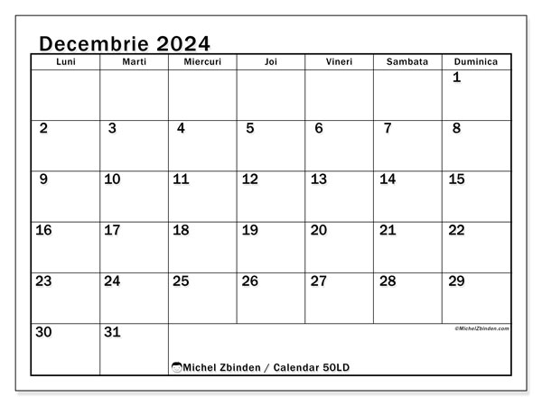Calendar decembrie 2024 “50”. Calendar pentru imprimare gratuit.. Luni până duminică