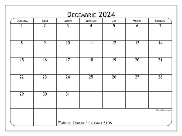 Calendrier à imprimer, decembrie 2024, 51DS