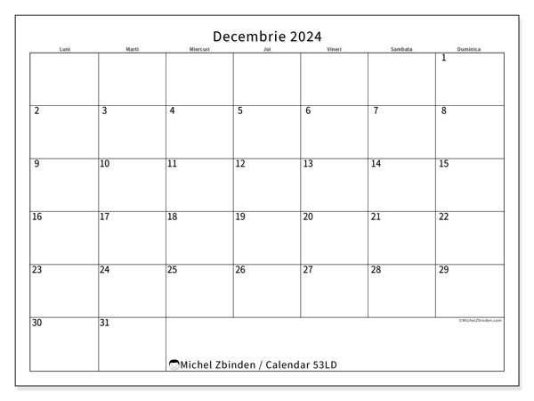 53LD, calendar decembrie 2024, pentru tipar, gratuit.