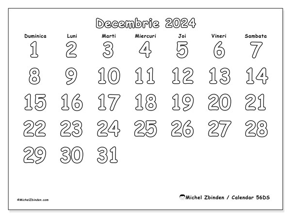 Calendar decembrie 2024 “56”. Plan pentru imprimare gratuit.. Duminică până sâmbătă