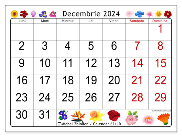 Calendar decembrie 2024 “621”. Program imprimabil gratuit.. Luni până duminică