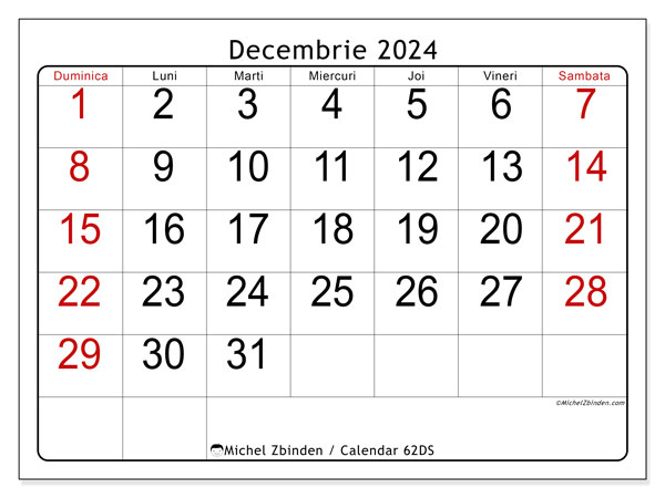 Calendar decembrie 2024 “62”. Calendar pentru imprimare gratuit.. Duminică până sâmbătă