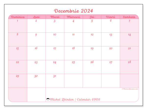 Calendar decembrie 2024 “63”. Plan pentru imprimare gratuit.. Duminică până sâmbătă