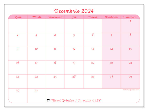 63LD, calendar decembrie 2024, pentru tipar, gratuit.