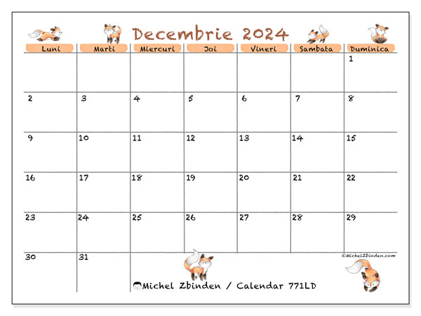 Calendar decembrie 2024 “771”. Calendar pentru imprimare gratuit.. Luni până duminică