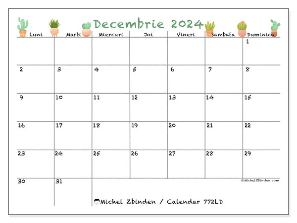 Calendar decembrie 2024 “772”. Jurnal imprimabil gratuit.. Luni până duminică