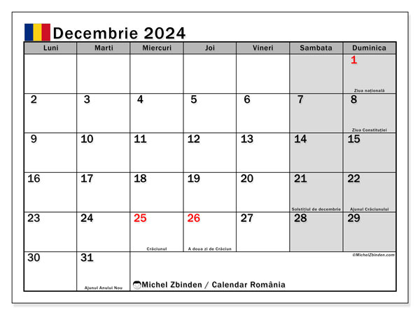 Kalender Dezember 2024 “Rumänien”. Plan zum Ausdrucken kostenlos.. Montag bis Sonntag