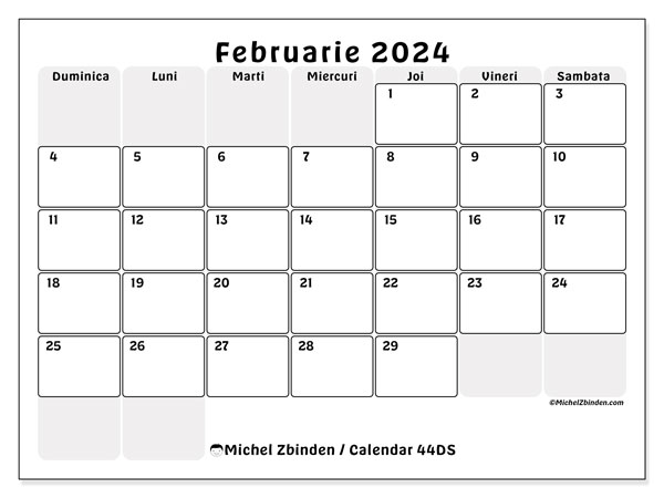 Calendar februarie 2024, 44DS. Plan pentru imprimare gratuit.