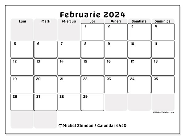 Calendar februarie 2024, 44DS. Calendar pentru imprimare gratuit.