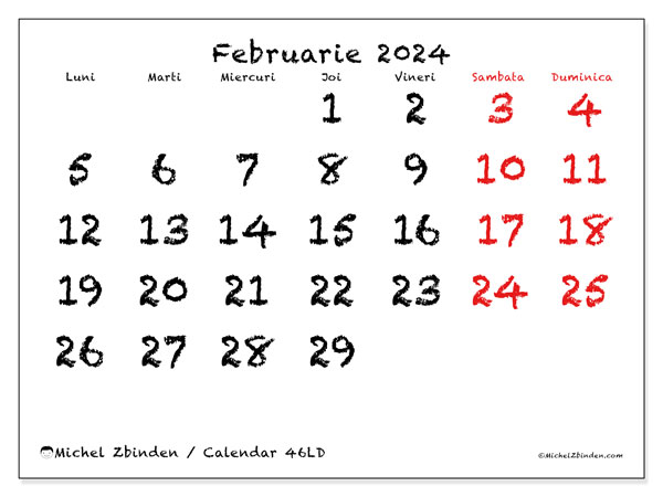 Calendar februarie 2024, 46DS. Calendar pentru imprimare gratuit.