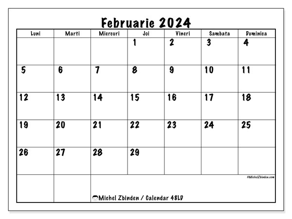 Calendar februarie 2024, 48LD. Calendar pentru imprimare gratuit.