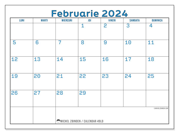 Calendar februarie 2024, 49DS. Plan pentru imprimare gratuit.