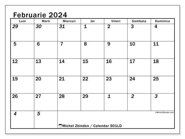 501LD, calendar februarie 2024, pentru tipar, gratuit.