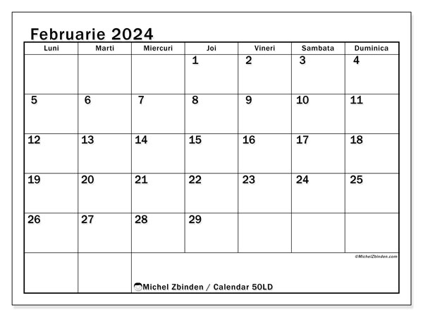 Calendar februarie 2024, 50LD. Calendar pentru imprimare gratuit.