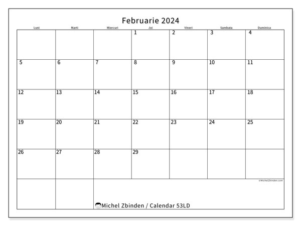 Calendar februarie 2024, 53LD. Calendar pentru imprimare gratuit.