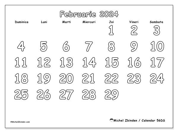 Calendar februarie 2024, 56DS. Calendar pentru imprimare gratuit.