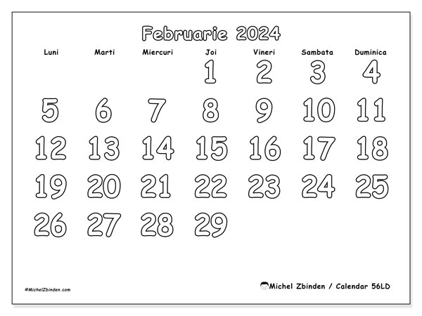 Calendar februarie 2024, 56DS. Calendar pentru imprimare gratuit.