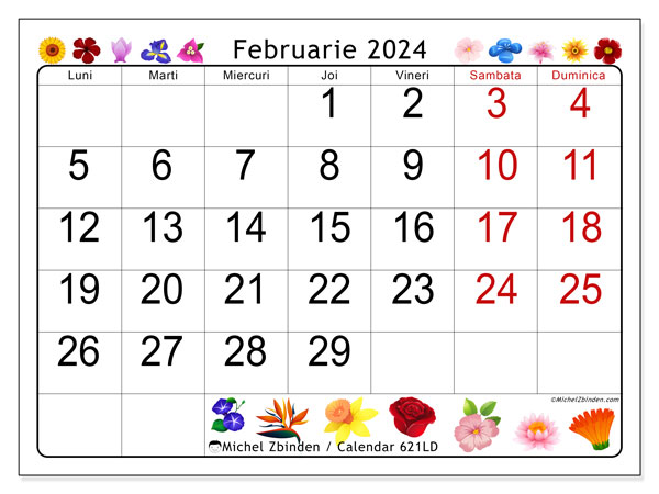 Calendar februarie 2024, 621LD. Calendar pentru imprimare gratuit.