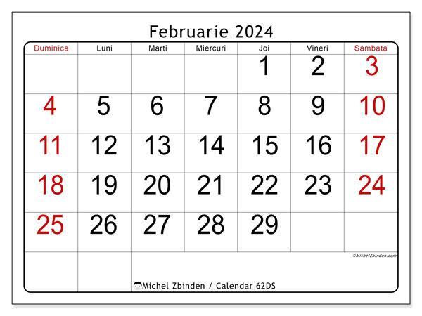 Calendrier à imprimer, februarie 2024, 62DS