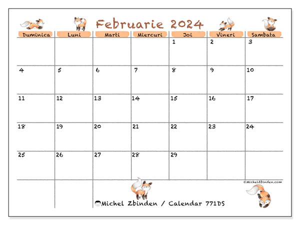 Calendar februarie 2024, 771DS. Calendar pentru imprimare gratuit.