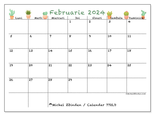 Calendar februarie 2024, 772LD. Calendar pentru imprimare gratuit.