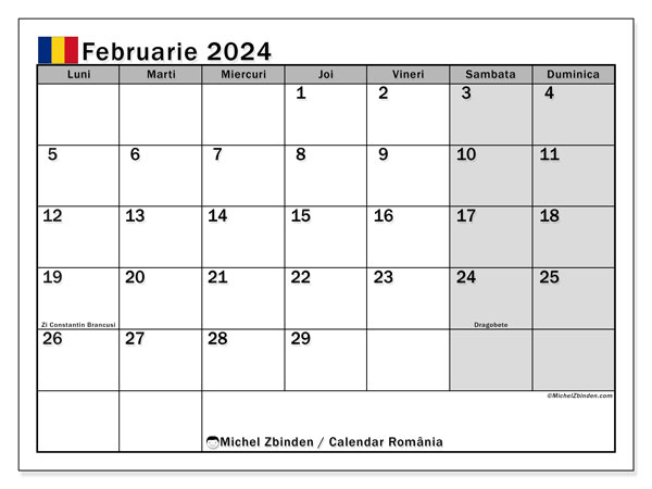 Kalender Februar 2024 “Rumänien”. Plan zum Ausdrucken kostenlos.. Montag bis Sonntag