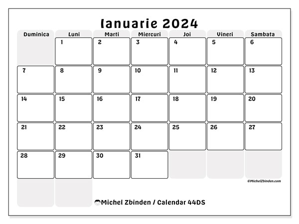 Calendar ianuarie 2024, 44DS. Calendar pentru imprimare gratuit.