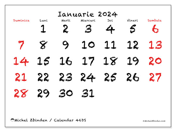 Calendar ianuarie 2024, 46DS. Calendar pentru imprimare gratuit.