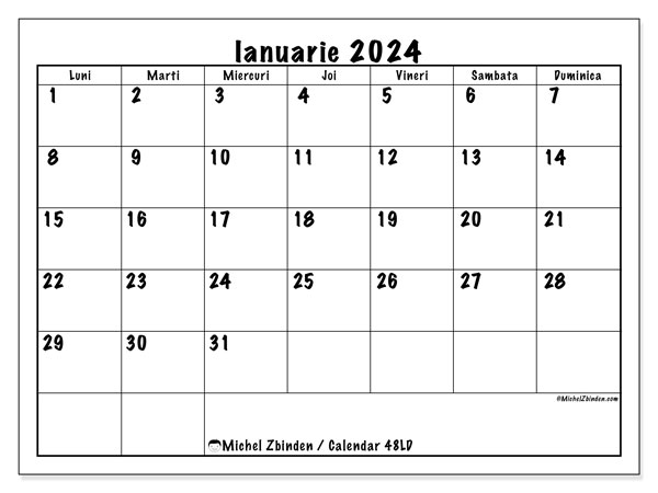 Calendar ianuarie 2024, 48DS. Calendar pentru imprimare gratuit.