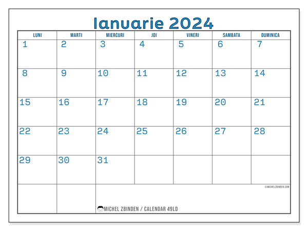 Calendar ianuarie 2024, 49DS. Plan pentru imprimare gratuit.