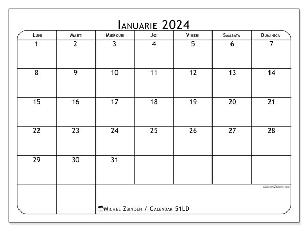 Calendar ianuarie 2024, 51DS. Plan pentru imprimare gratuit.