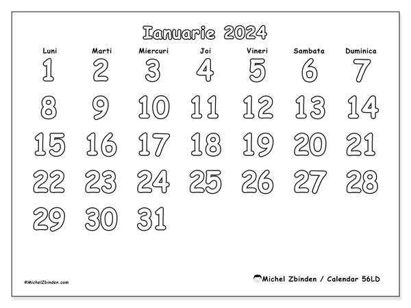 56LD, calendar ianuarie 2024, pentru tipar, gratuit.