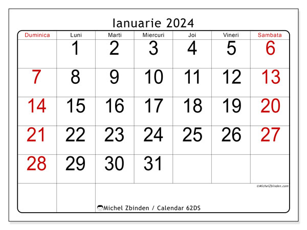 Calendar ianuarie 2024, 62DS. Plan pentru imprimare gratuit.