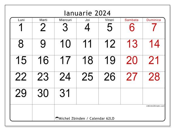 Calendar ianuarie 2024, 62LD. Calendar pentru imprimare gratuit.