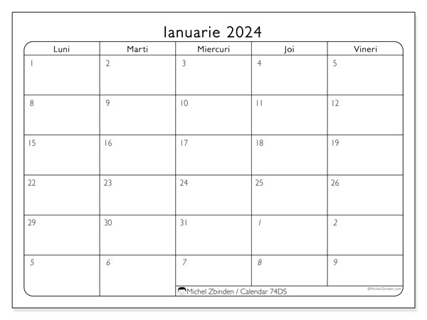 Calendar ianuarie 2024, 74DS. Plan pentru imprimare gratuit.