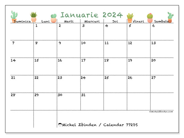 Calendar ianuarie 2024, 772DS. Calendar pentru imprimare gratuit.