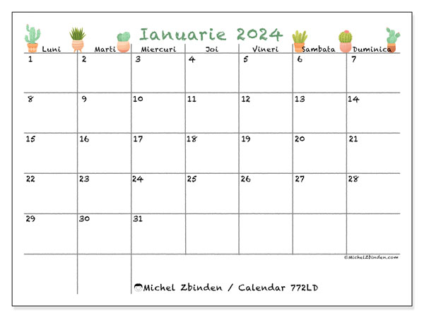 Calendar ianuarie 2024, 772LD. Calendar pentru imprimare gratuit.