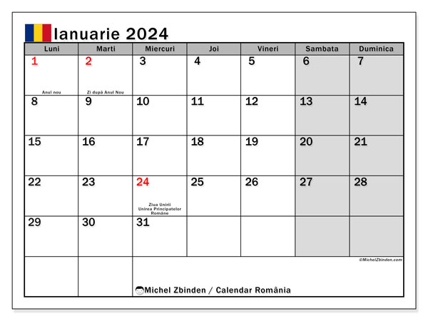 Calendrier janvier 2024, Roumanie (RO), prêt à imprimer et gratuit.