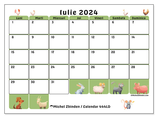 Calendar iulie 2024, 444LD. Program imprimabil gratuit.