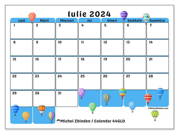 Calendar iulie 2024, 446LD. Program imprimabil gratuit.
