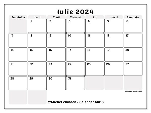 Calendar iulie 2024, 44DS. Program imprimabil gratuit.