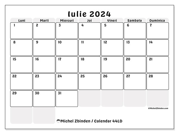 Calendar iulie 2024, 44DS. Program imprimabil gratuit.