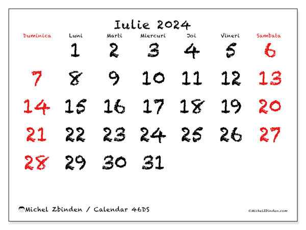 Calendar iulie 2024 “46”. Plan pentru imprimare gratuit.. Duminică până sâmbătă
