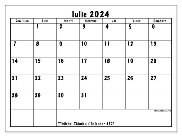 Calendar iulie 2024 “48”. Program imprimabil gratuit.. Duminică până sâmbătă
