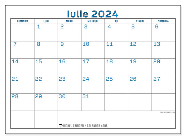 Calendar iulie 2024, 49DS. Calendar pentru imprimare gratuit.