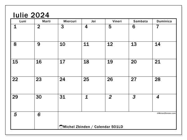Calendar iulie 2024, 501LD. Program imprimabil gratuit.
