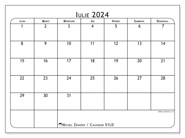 Calendar iulie 2024 “51”. Calendar pentru imprimare gratuit.. Luni până duminică
