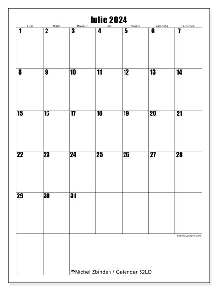 Calendar iulie 2024 “52”. Program imprimabil gratuit.. Luni până duminică